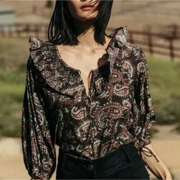 NWT Cleobella Jillian Blouse Top Organic Cotton Ruffle Paisley Long Slee… - Picture 1 of 9